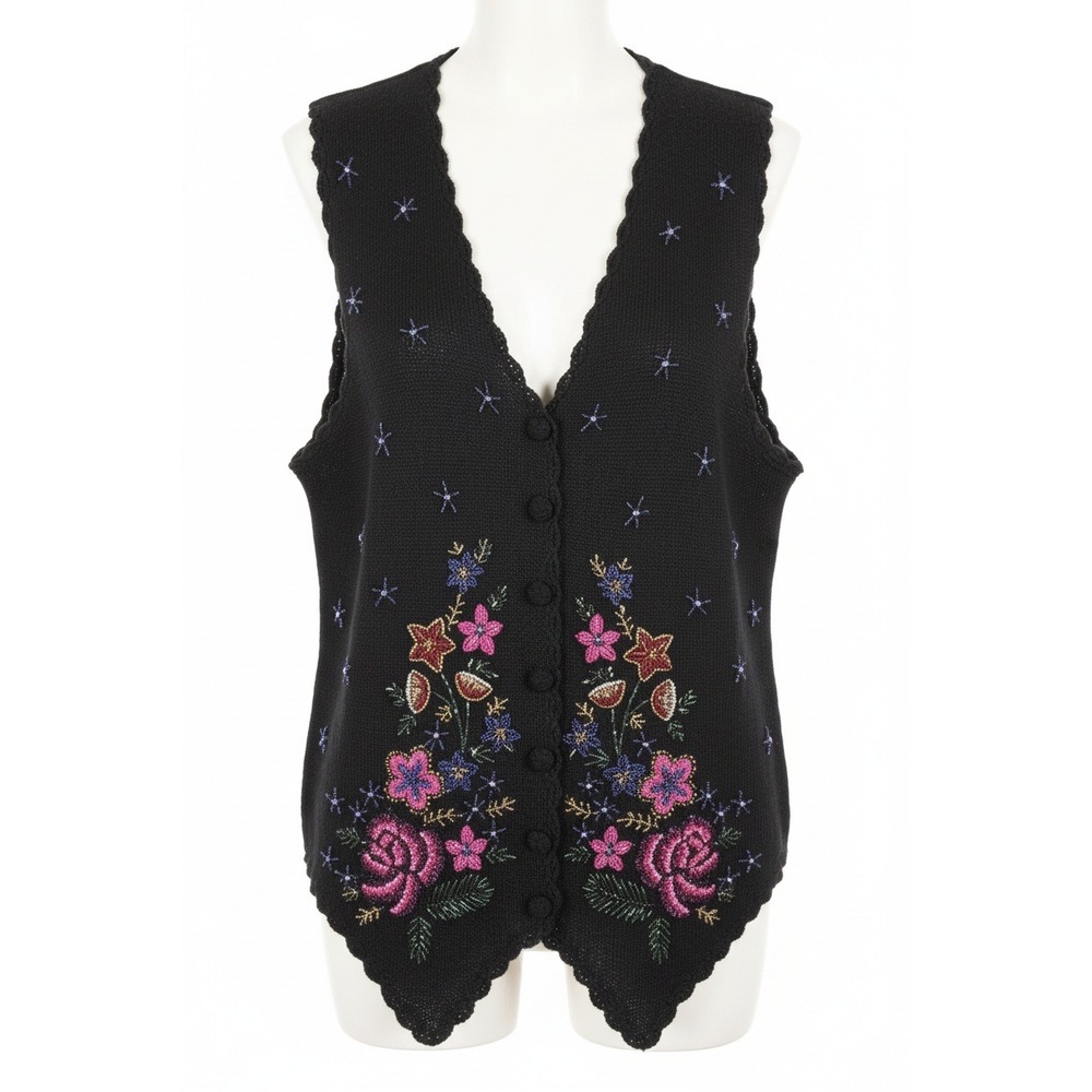 Studio Collections Patchwork‎ Beaded Cotton Vest Buttons Flowers Y2K Medium NWT